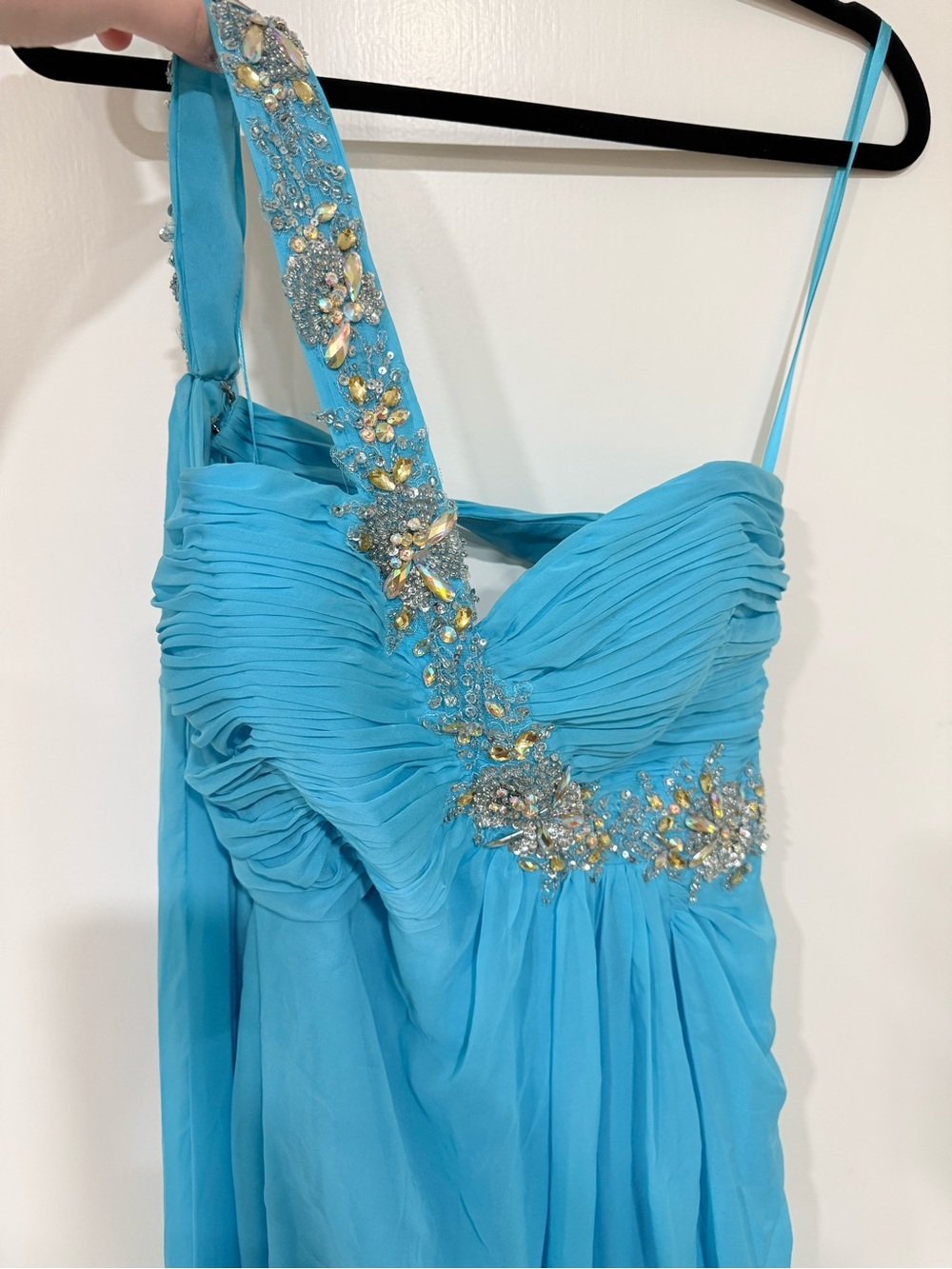 Night Moves Turquoise Beaded One-Shoulder Prom Dress